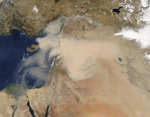 The September 2015 Middle East dust storm as observed by the Moderate Resolution Imaging Spectroradiometer (MODIS) satellite.